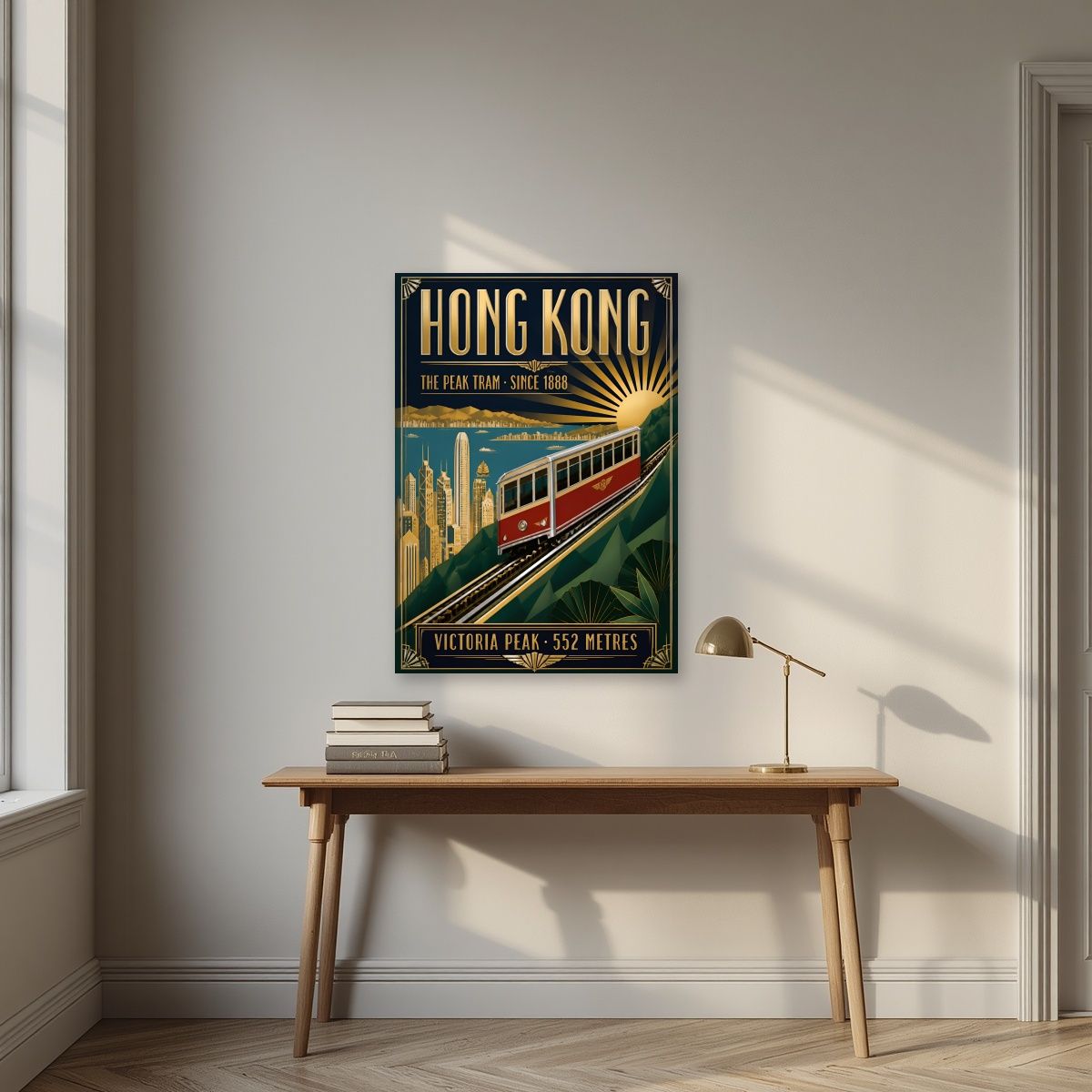 The Peak Tram — Hong Kong art print, unframed poster, styled in a desk