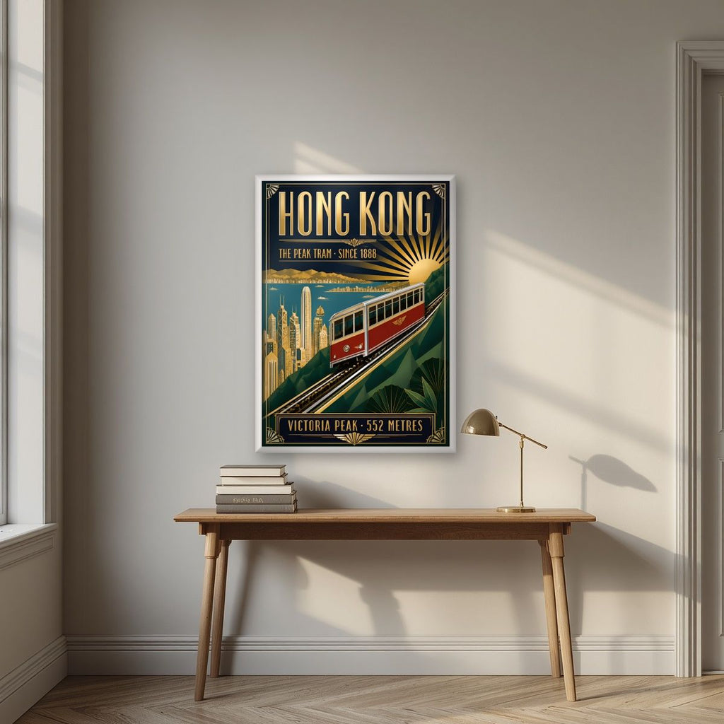 The Peak Tram — Hong Kong art print, in a white frame, styled in a desk