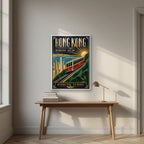 The Peak Tram — Hong Kong art print, in a white frame, styled in a desk
