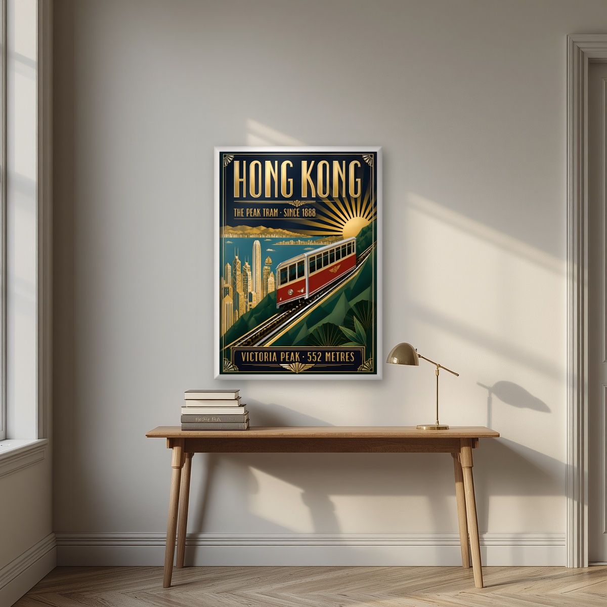 The Peak Tram — Hong Kong art print, in a white frame, styled in a desk