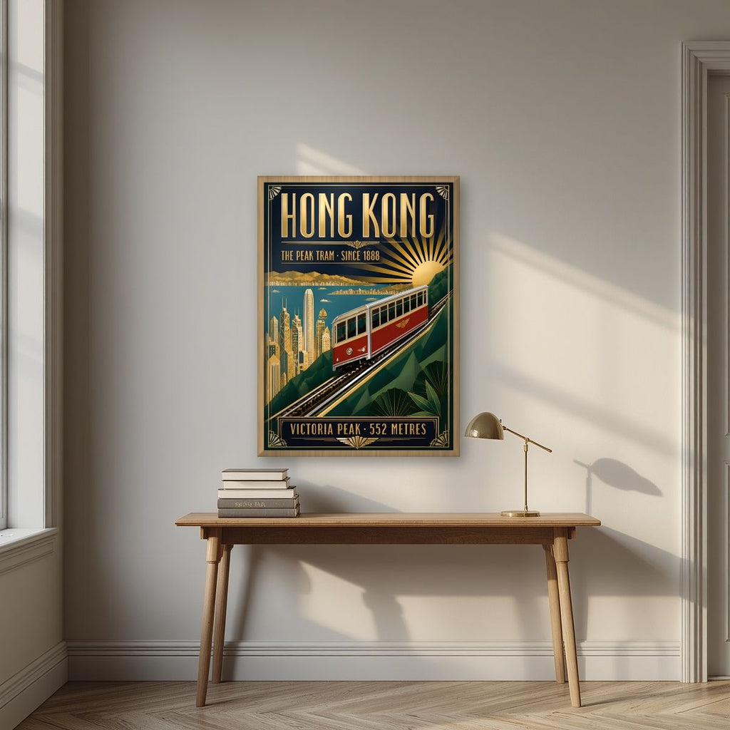 The Peak Tram — Hong Kong art print, in an oak frame, styled in a desk