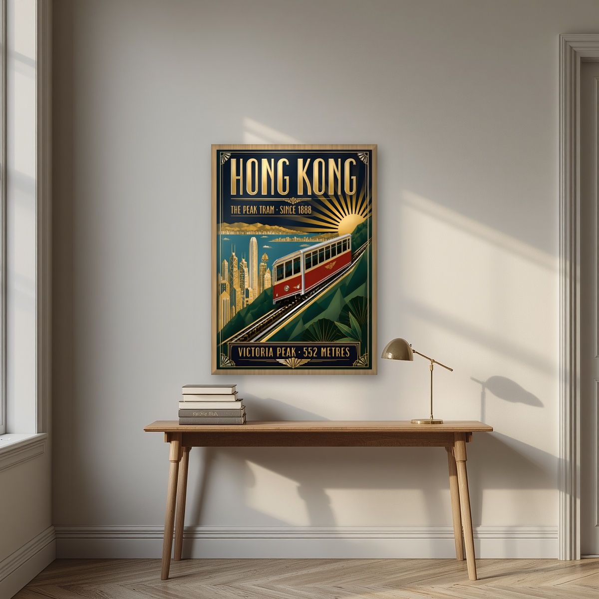 The Peak Tram — Hong Kong art print, in an oak frame, styled in a desk