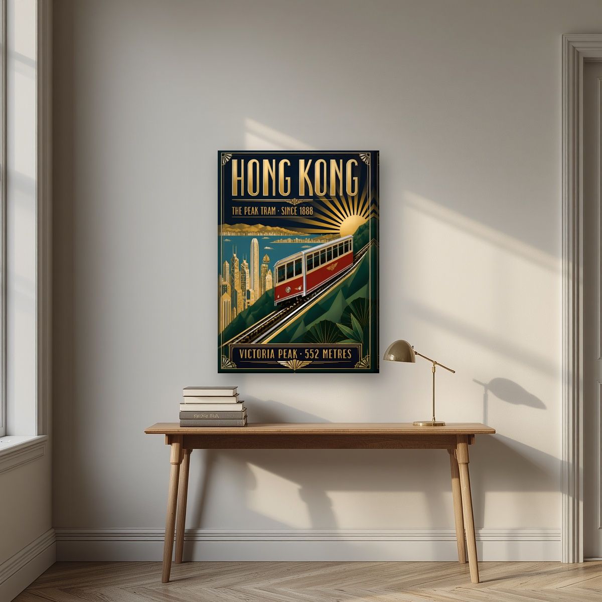 The Peak Tram — Hong Kong art print, on slim canvas, styled in a desk