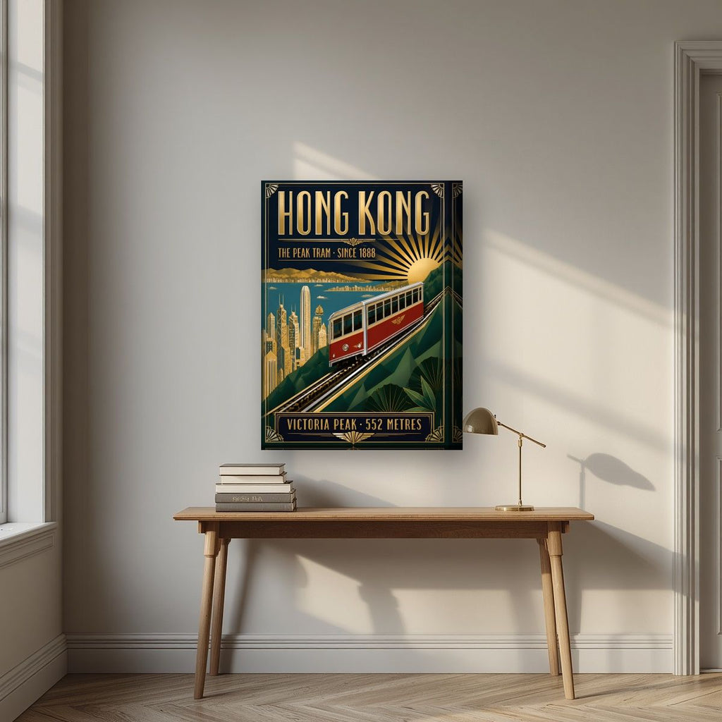 The Peak Tram — Hong Kong art print, on thick canvas, styled in a desk