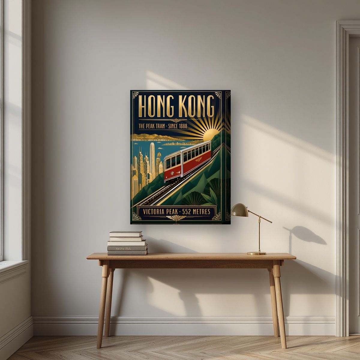 The Peak Tram — Hong Kong art print, on thick canvas, styled in a desk