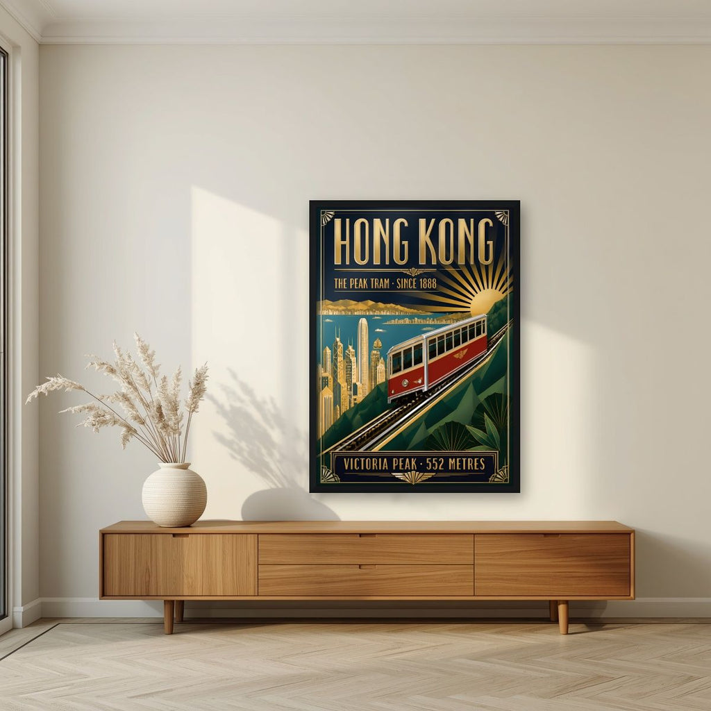 The Peak Tram — Hong Kong art print, in a black frame, styled in a living room