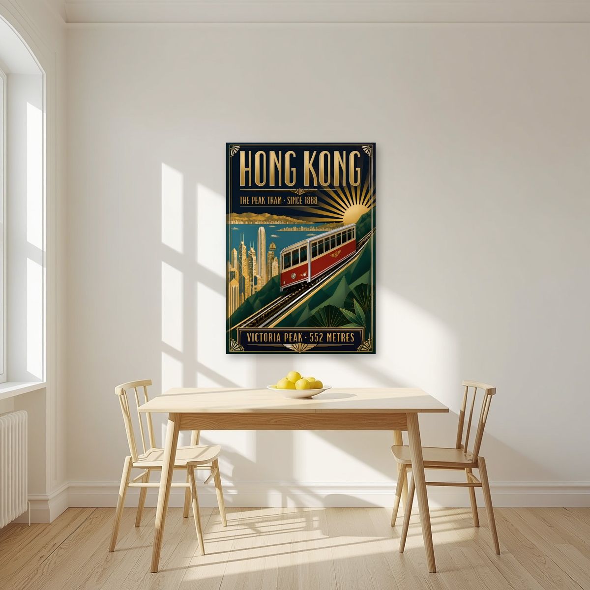 The Peak Tram — Hong Kong art print, unframed poster, styled in a kitchen