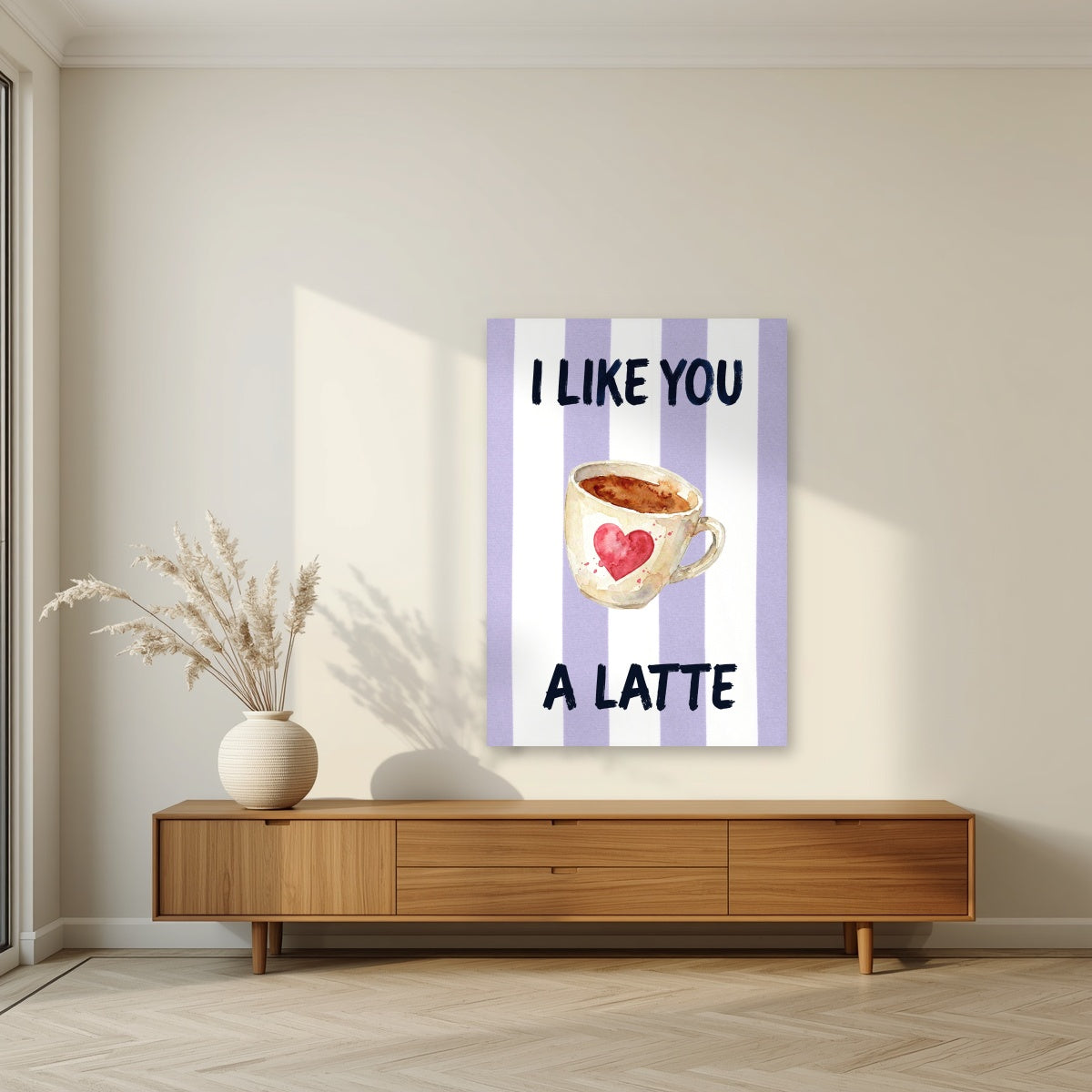 I Like You a Latte – Capri Violet as an unframed print, above a walnut sideboard in a living room