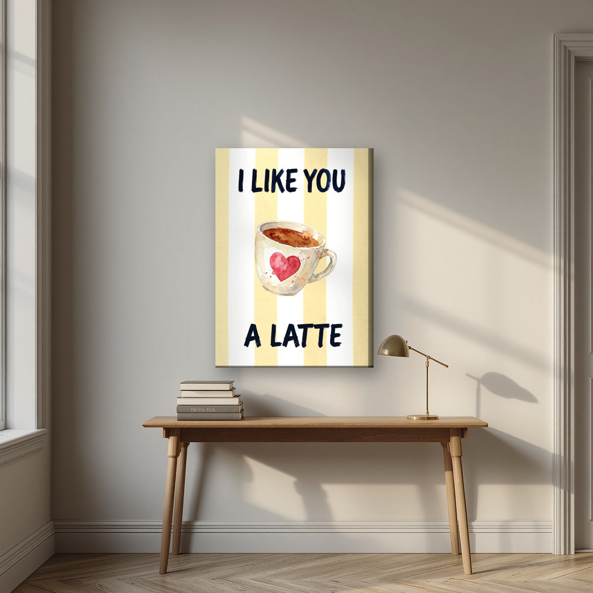 I Like You a Latte – Limoncello on a slim-edge canvas, above an oak writing desk