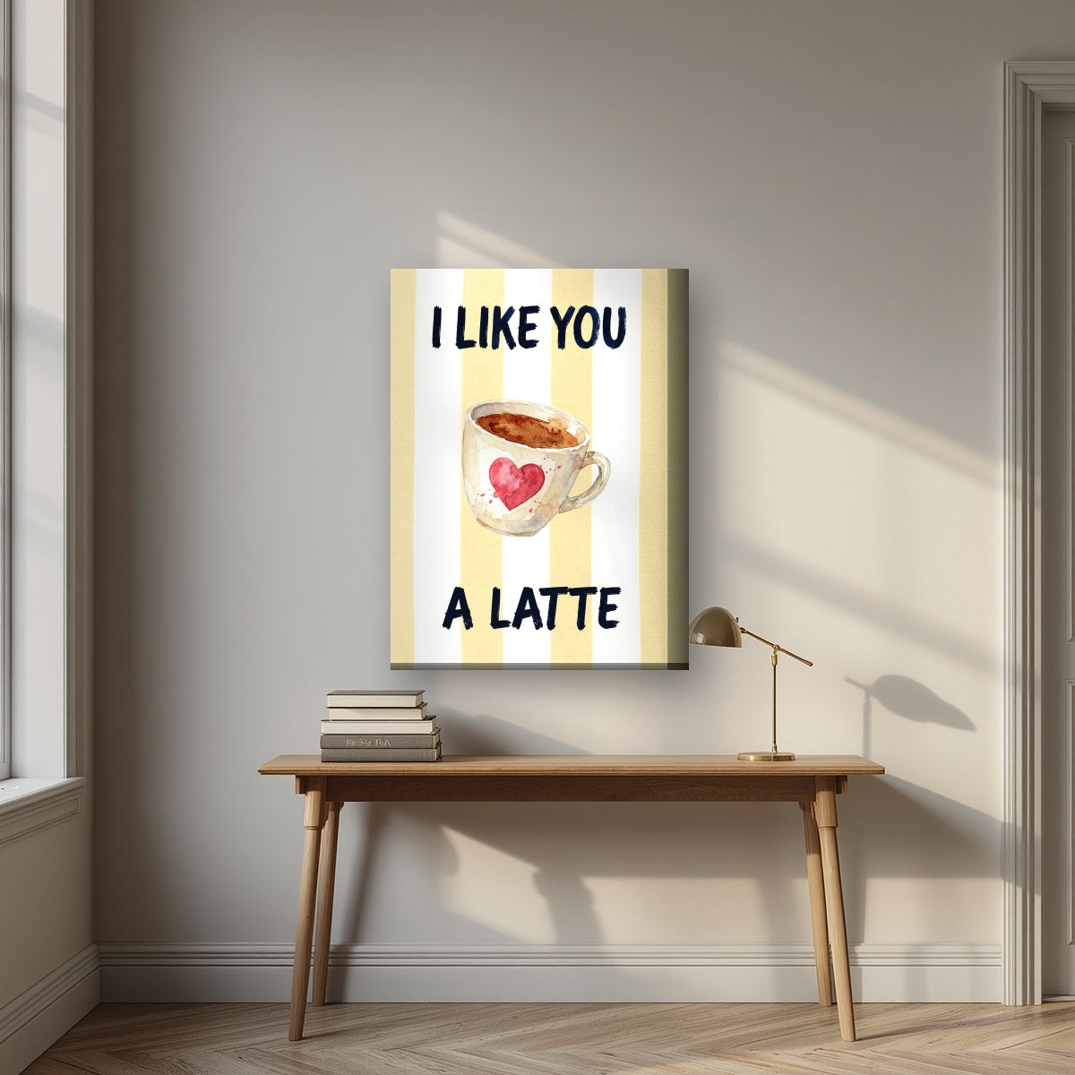 I Like You a Latte – Limoncello on a thick-edge canvas, above an oak writing desk