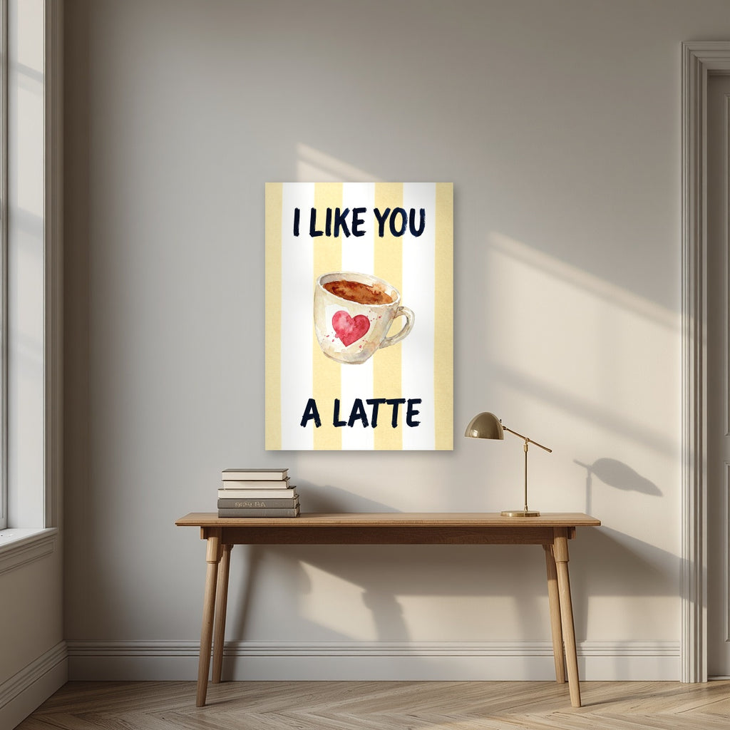 I Like You a Latte – Limoncello as an unframed print, above an oak writing desk