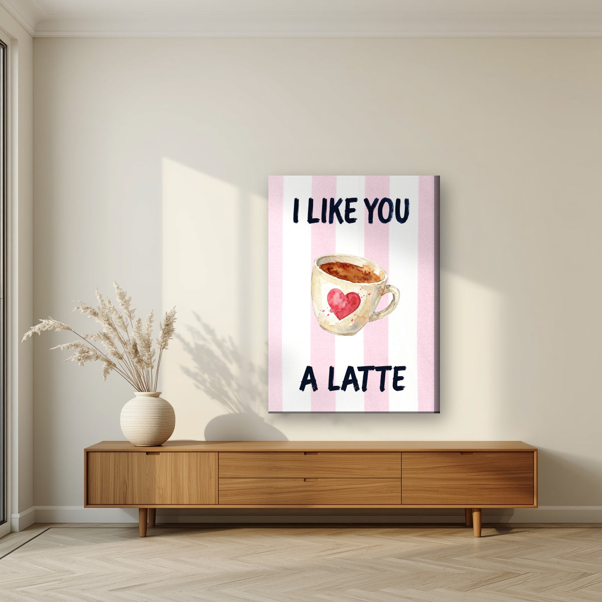 I Like You a Latte – Positano Pink on a slim-edge canvas, above a walnut sideboard in a living room