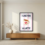 I Like You a Latte – Positano Pink in a black frame, above a walnut sideboard in a living room