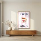 I Like You a Latte – Positano Pink in an oak frame, above a walnut sideboard in a living room