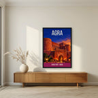 Agra Fort art print in a black frame above a living room sideboard