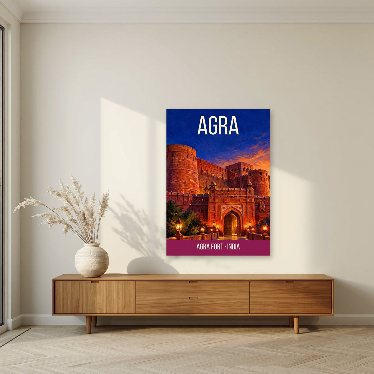 Agra Fort art print unframed on a living room wall