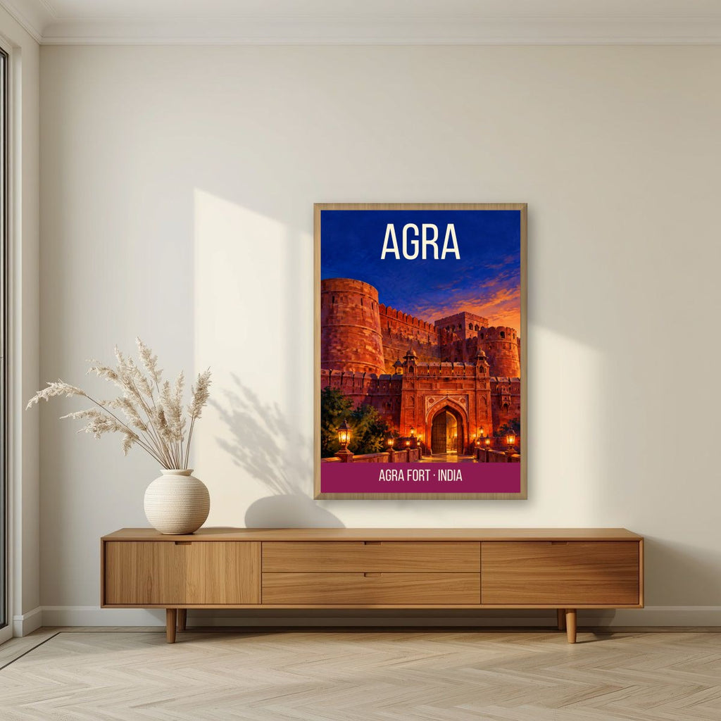 Agra Fort art print in an oak frame on a living room wall