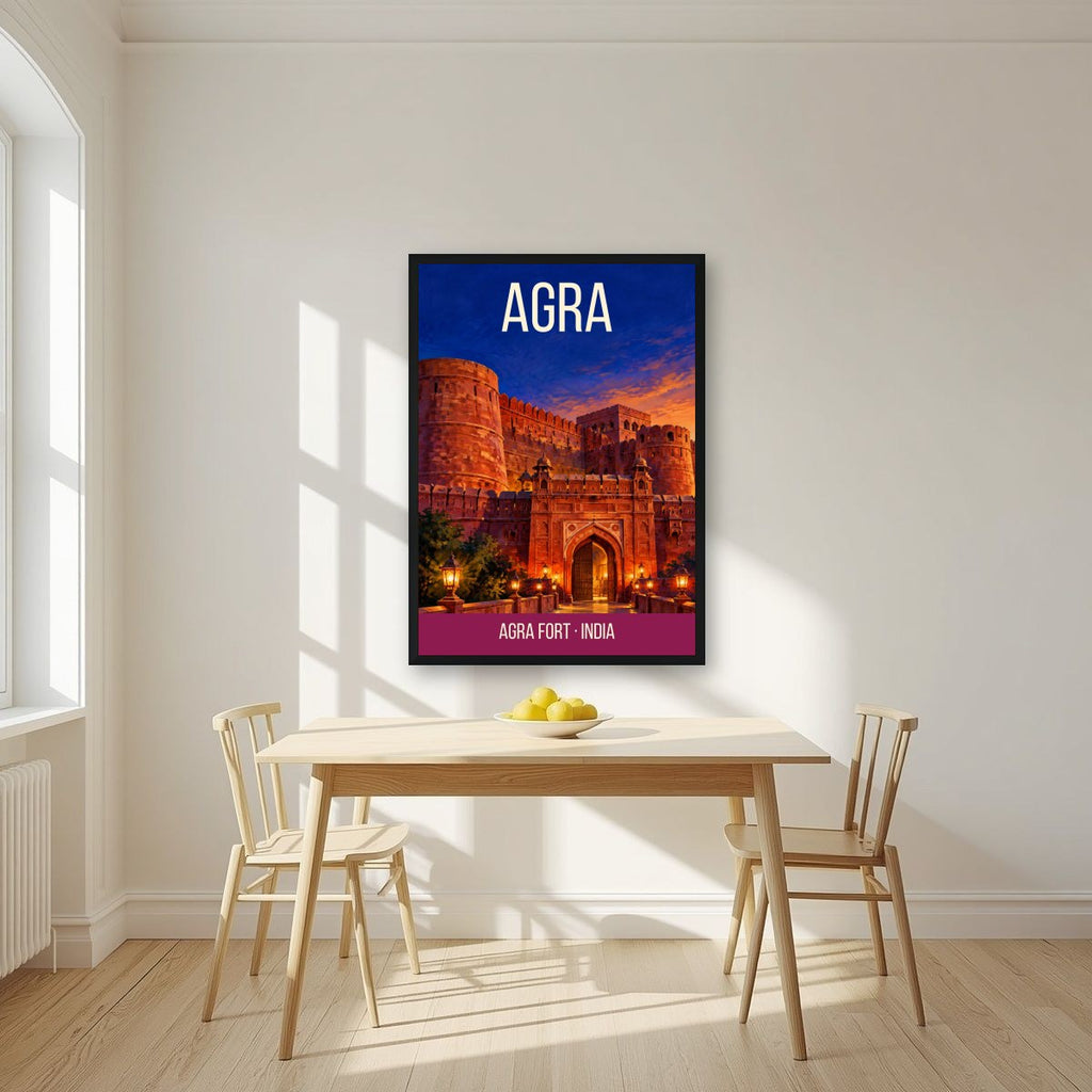 Agra Fort art print in a black frame on a kitchen wall