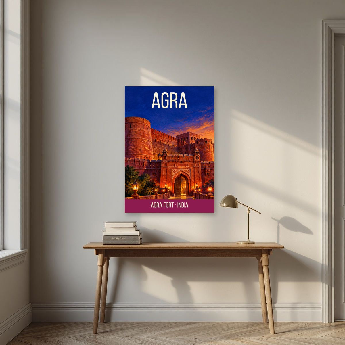 Agra Fort art print above a desk