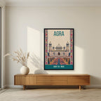Baby Taj Agra art print in a black frame above a living room sideboard