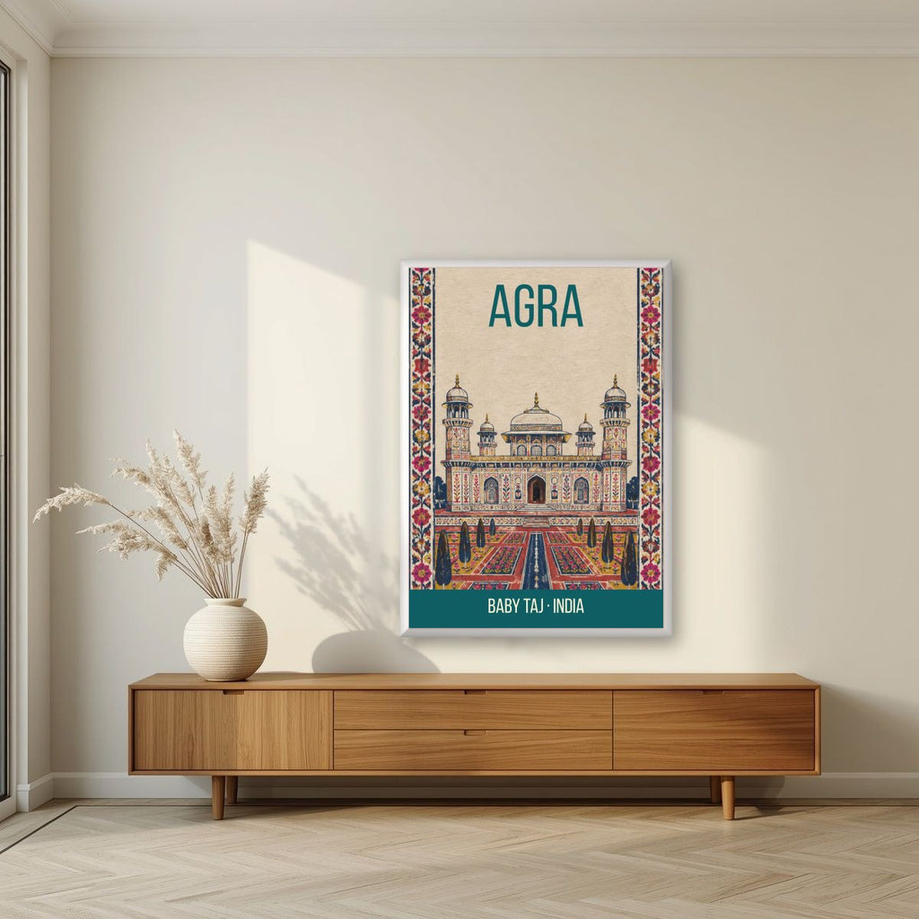 Baby Taj Agra art print in a white frame on a living room wall