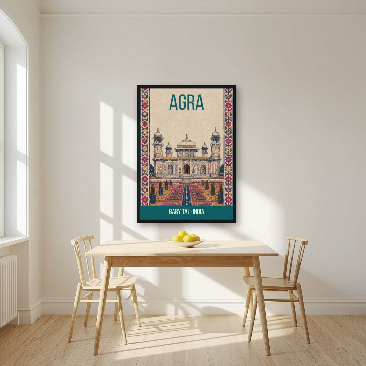 Baby Taj Agra art print in a black frame on a kitchen wall