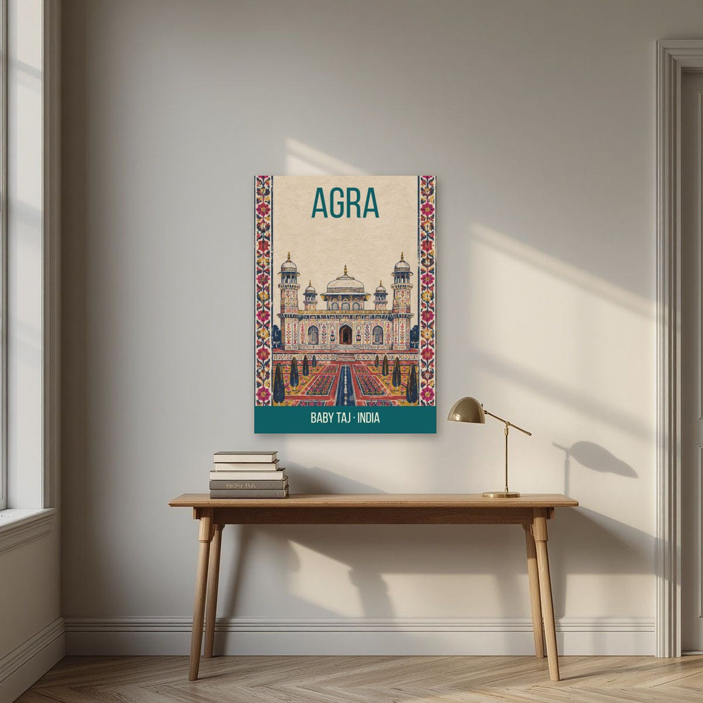 Baby Taj Agra art print above a desk