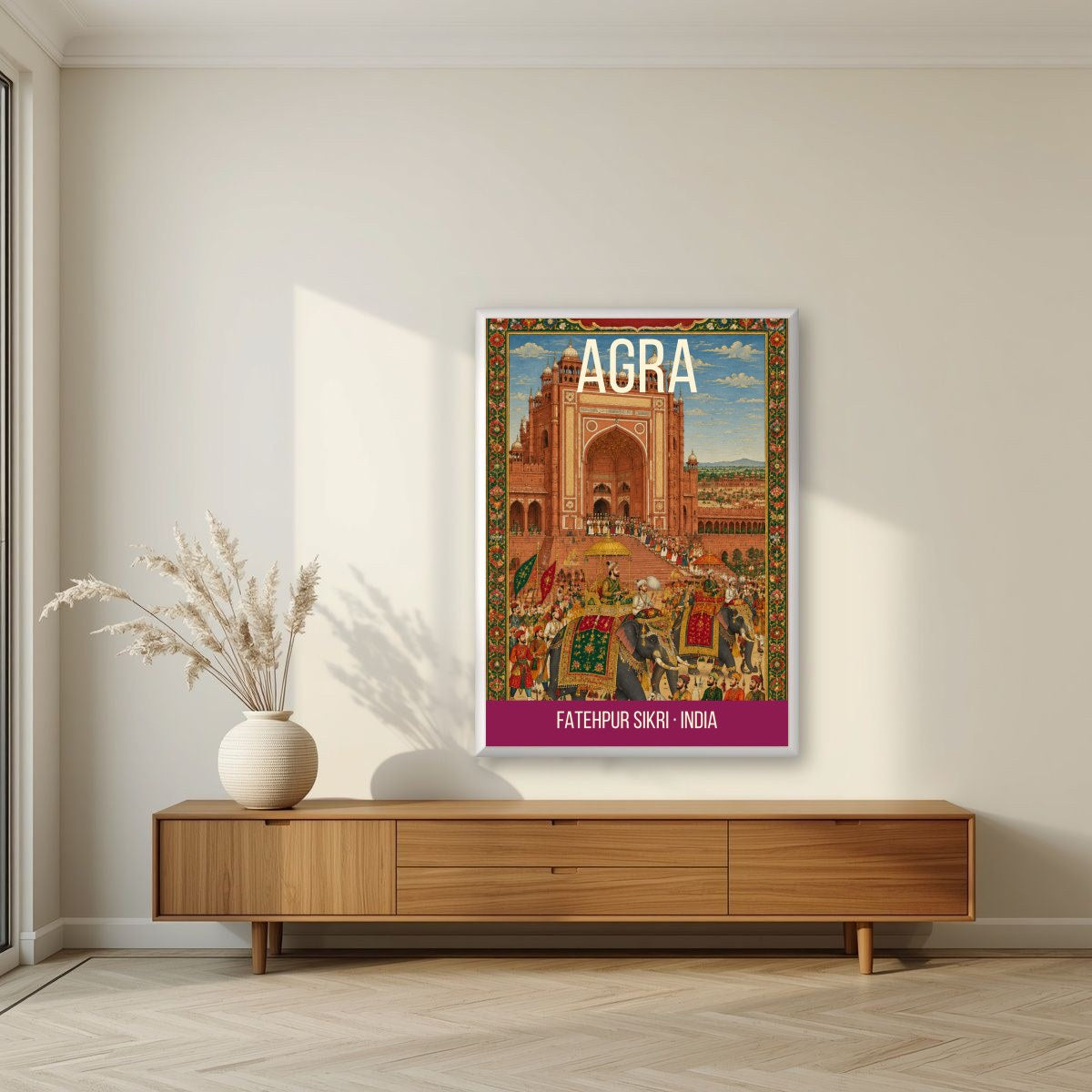 Fatehpur Sikri Agra art print in a white frame on a living room wall
