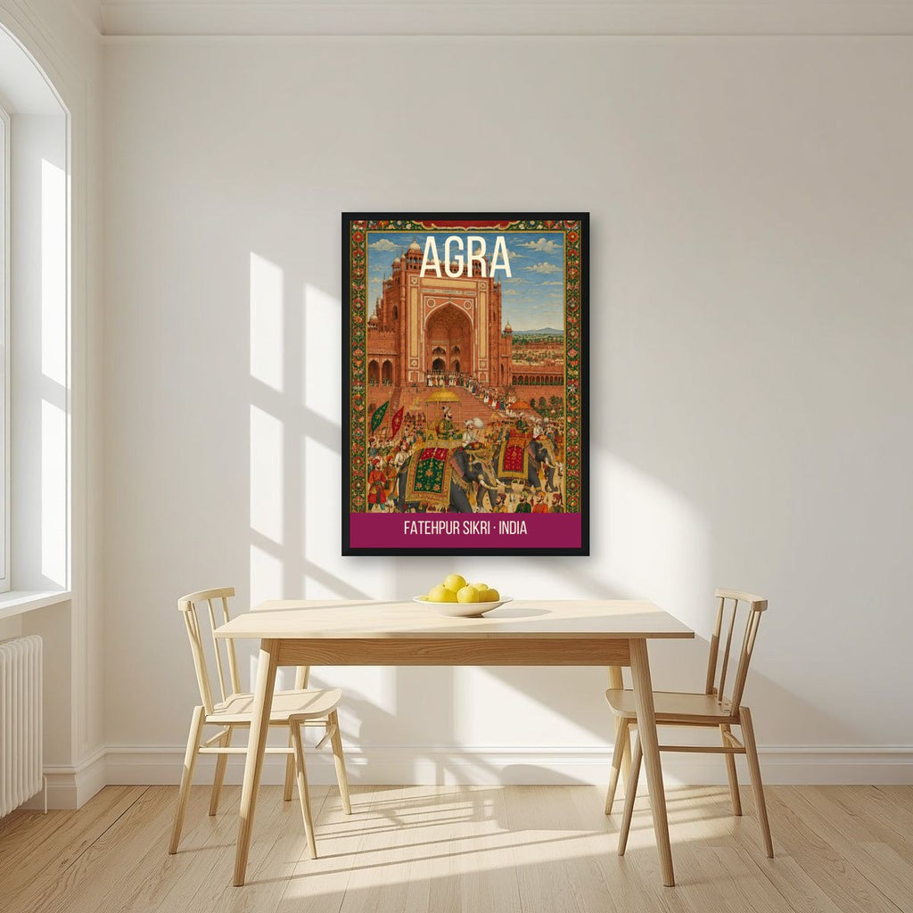 Fatehpur Sikri Agra art print in a black frame on a kitchen wall