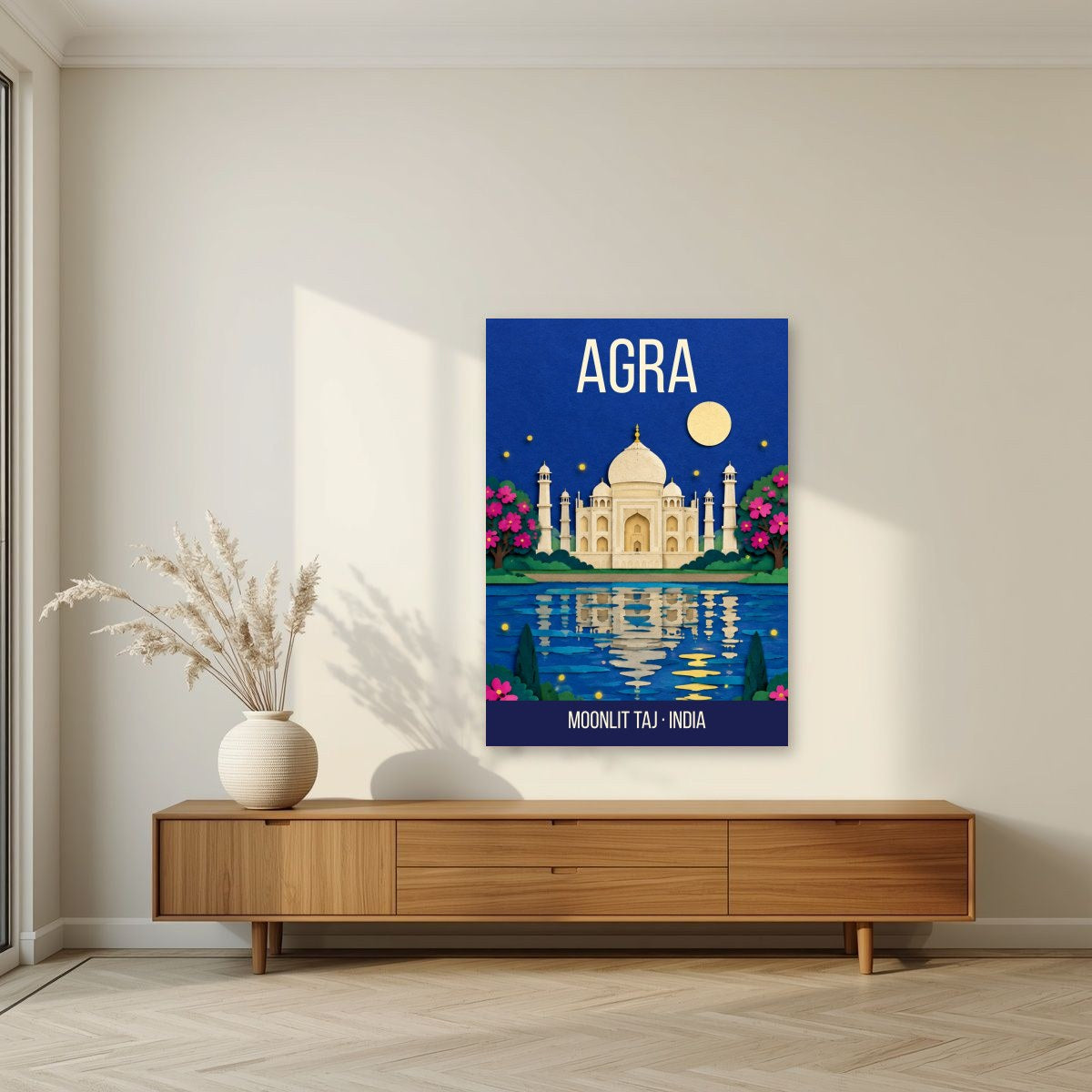 Moonlit Taj Agra art print unframed on a living room wall