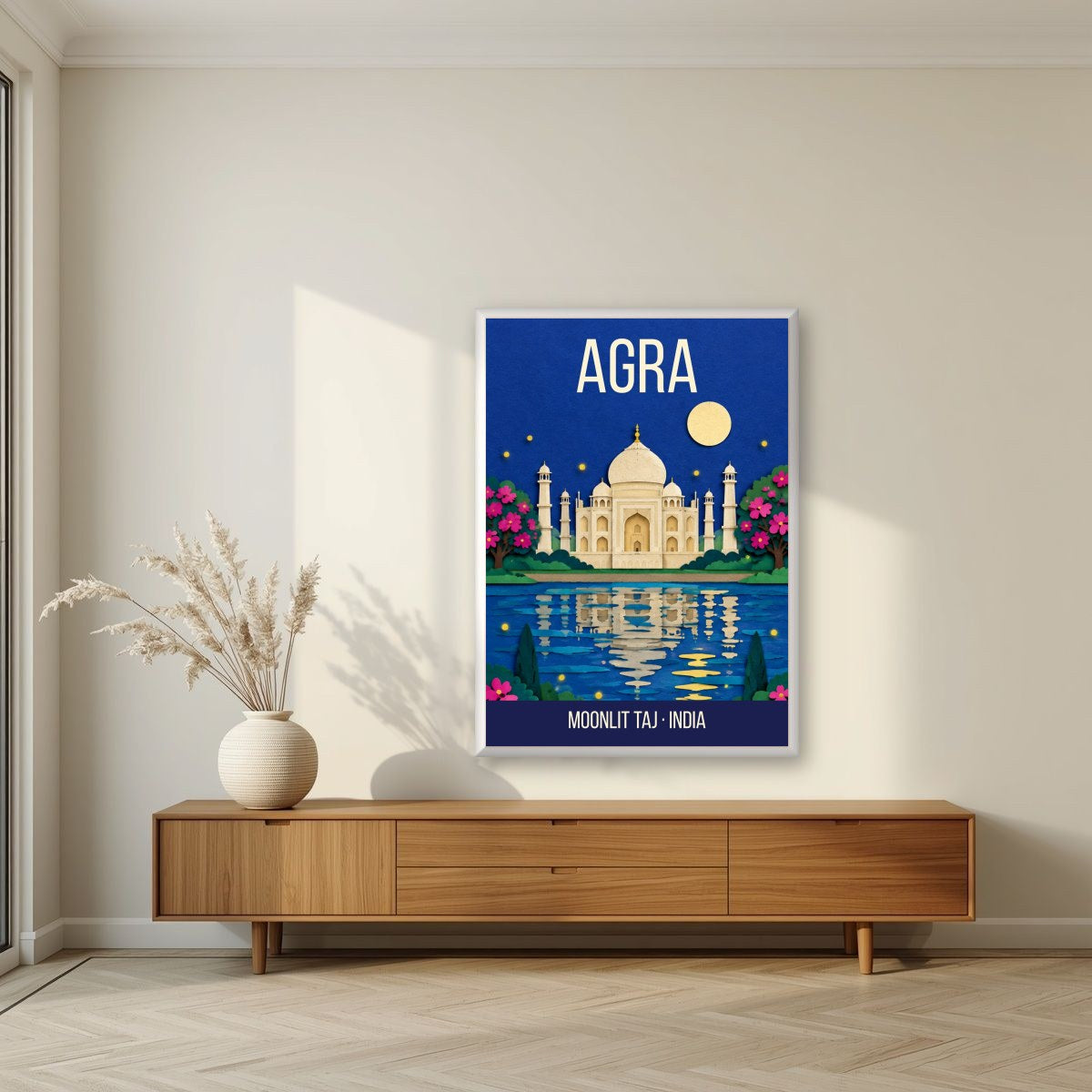 Moonlit Taj Agra art print in a white frame on a living room wall