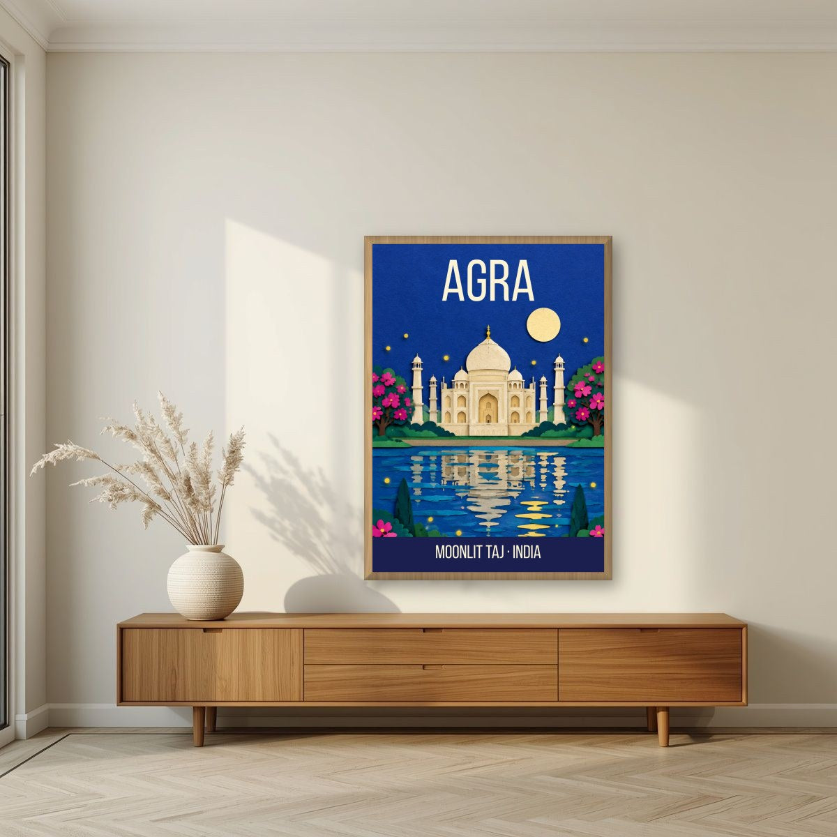 Moonlit Taj Agra art print in an oak frame on a living room wall