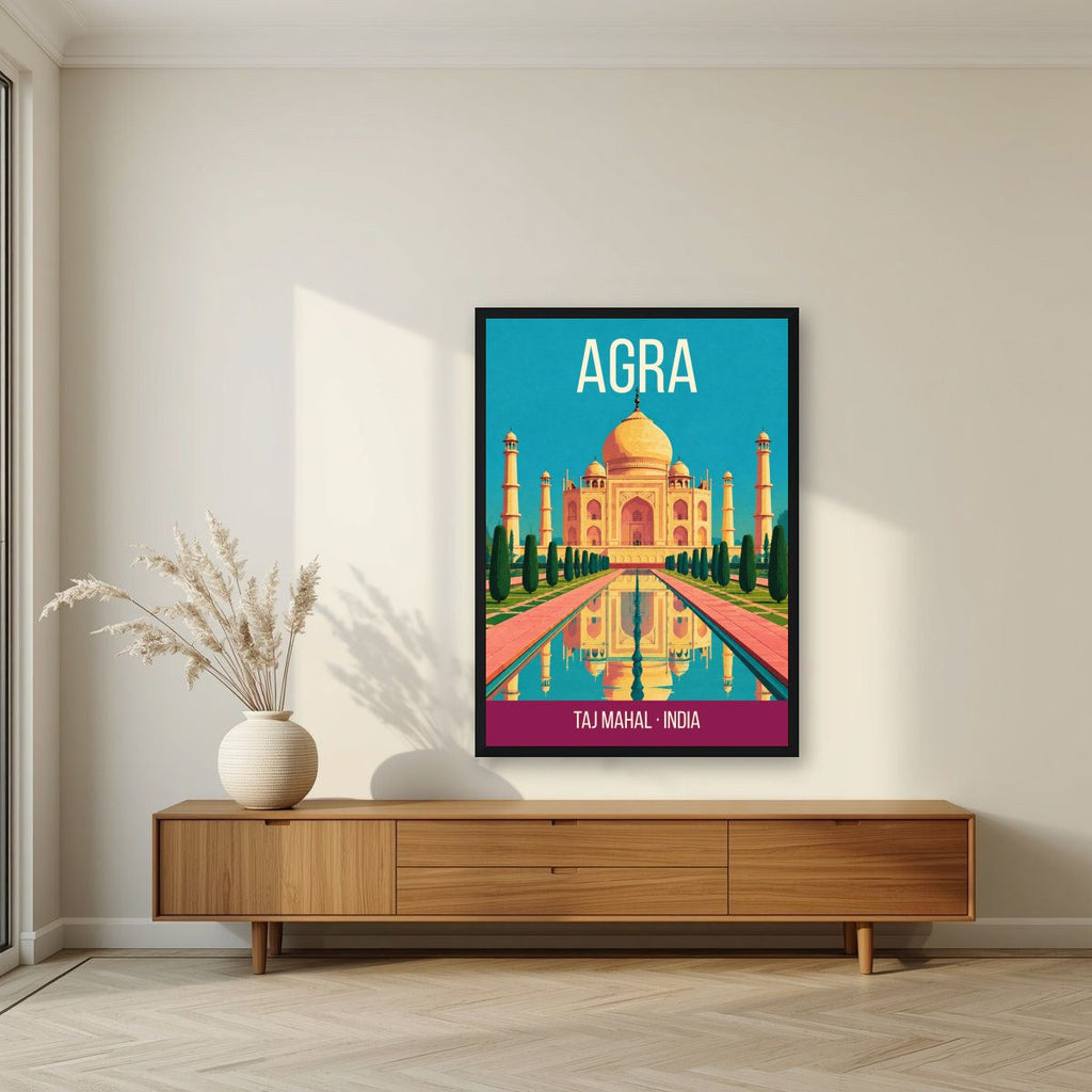 Taj Mahal Agra art print in a black frame above a living room sideboard