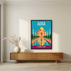 Taj Mahal Agra art print in a black frame above a living room sideboard