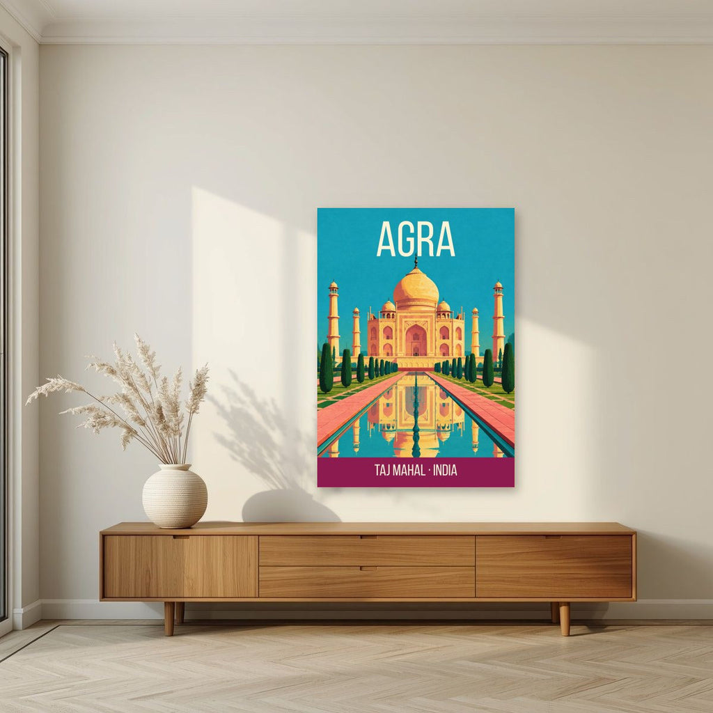 Taj Mahal Agra art print unframed on a living room wall
