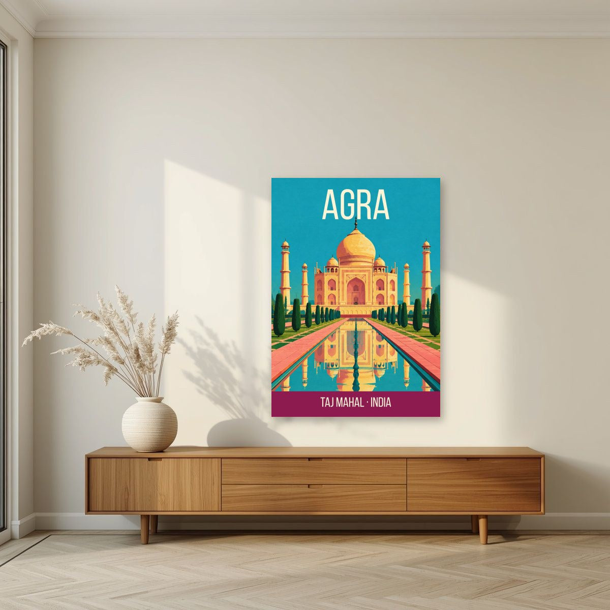 Taj Mahal Agra art print unframed on a living room wall