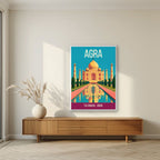 Taj Mahal Agra art print in a white frame on a living room wall
