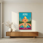 Taj Mahal Agra art print in an oak frame on a living room wall