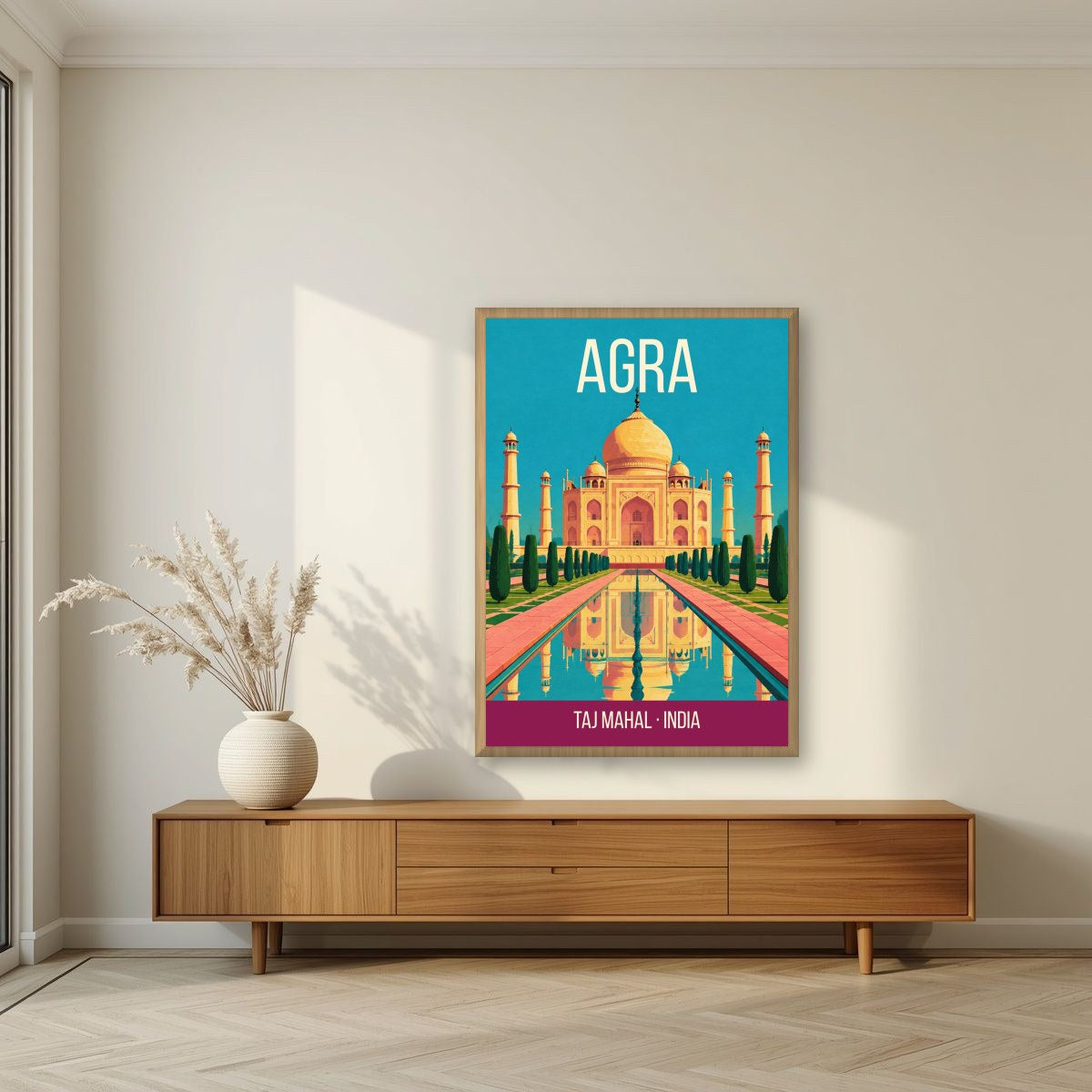 Taj Mahal Agra art print in an oak frame on a living room wall