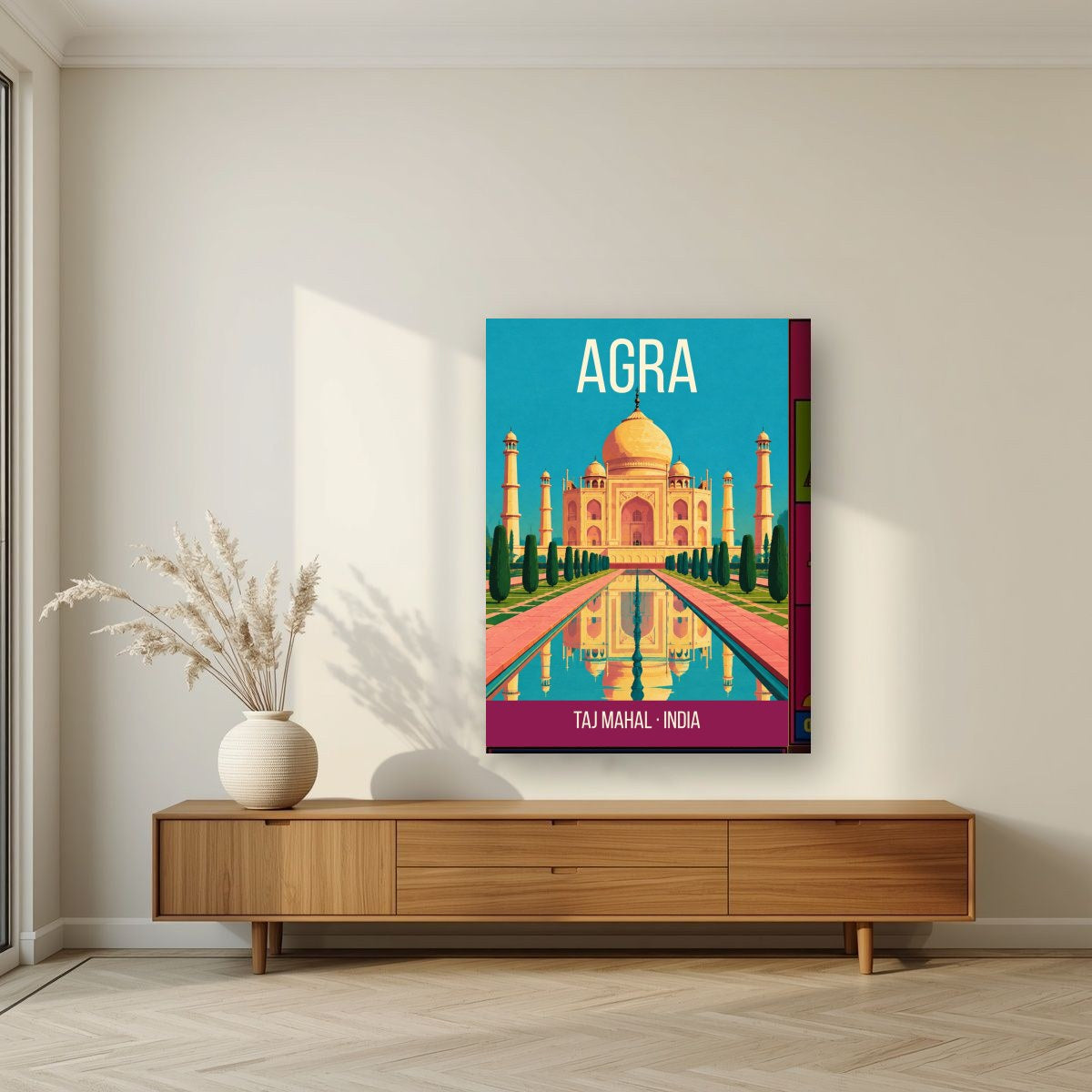 Taj Mahal Agra art print on thick canvas in a living room
