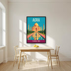 Taj Mahal Agra art print in a black frame on a kitchen wall