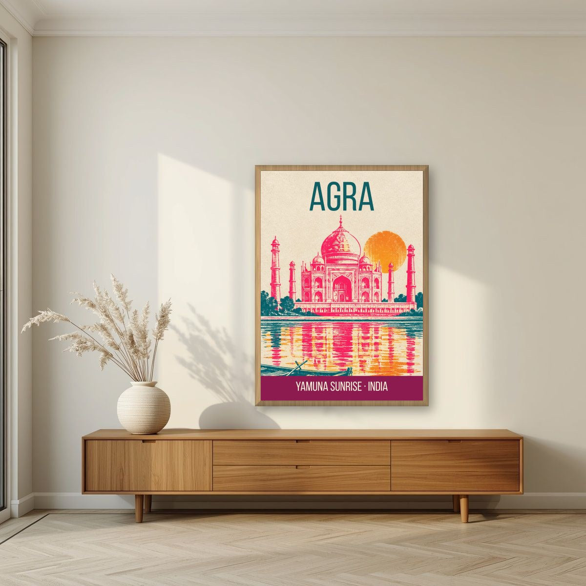 Yamuna Sunrise Agra art print in an oak frame on a living room wall
