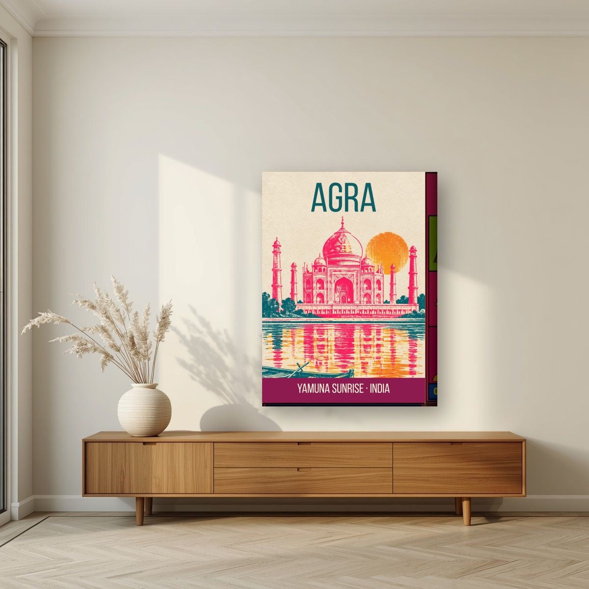 Yamuna Sunrise Agra art print on thick canvas in a living room