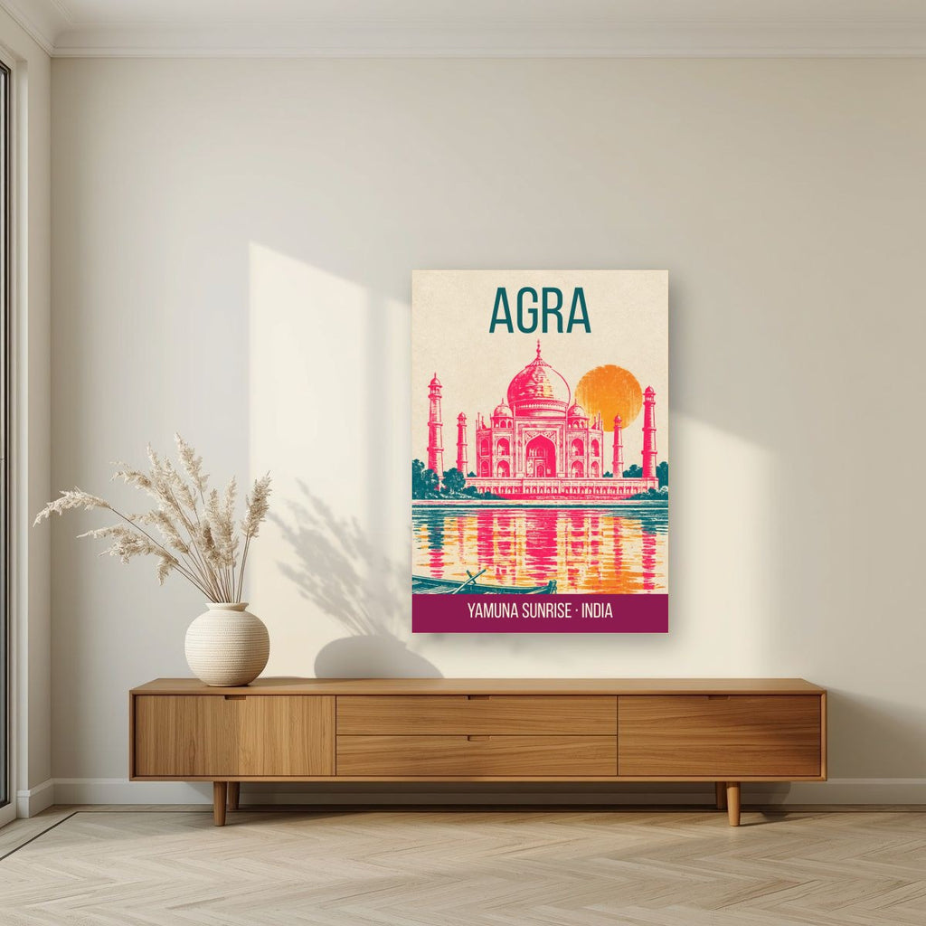 Yamuna Sunrise Agra art print on acrylic in a living room