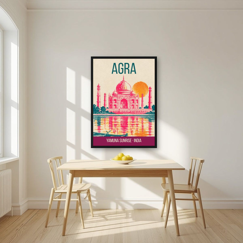 Yamuna Sunrise Agra art print in a black frame on a kitchen wall