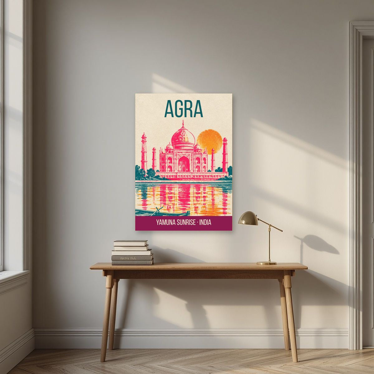 Yamuna Sunrise Agra art print above a desk
