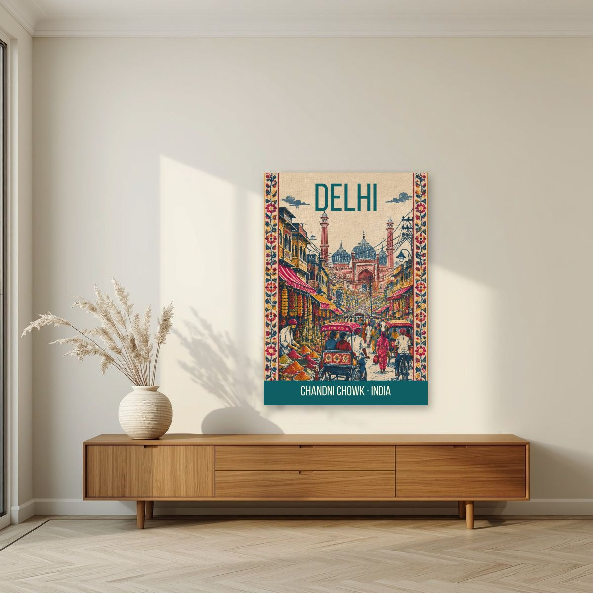 Chandni Chowk Delhi art print unframed on a living room wall