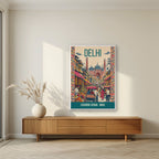 Chandni Chowk Delhi art print in a white frame on a living room wall