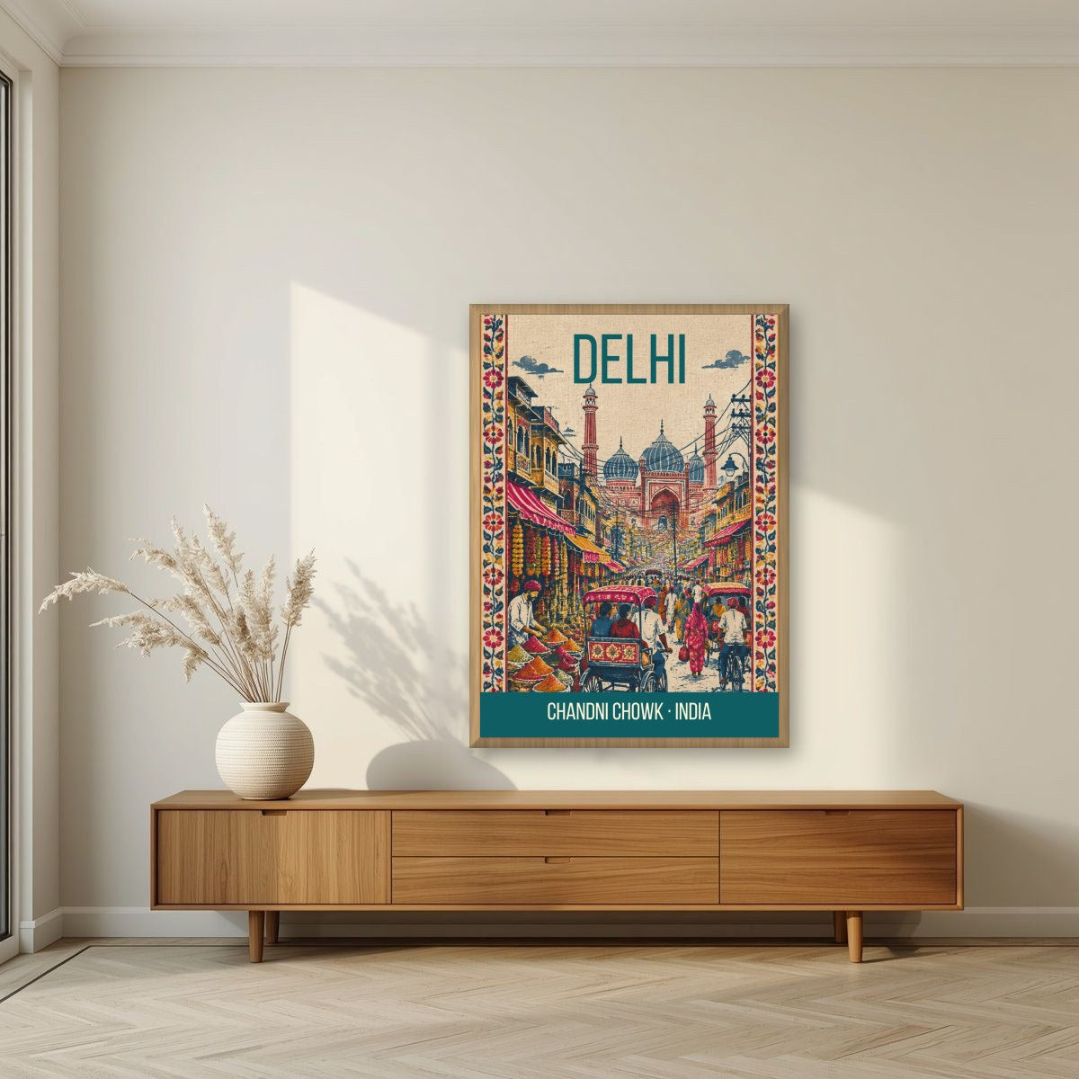 Chandni Chowk Delhi art print in an oak frame on a living room wall