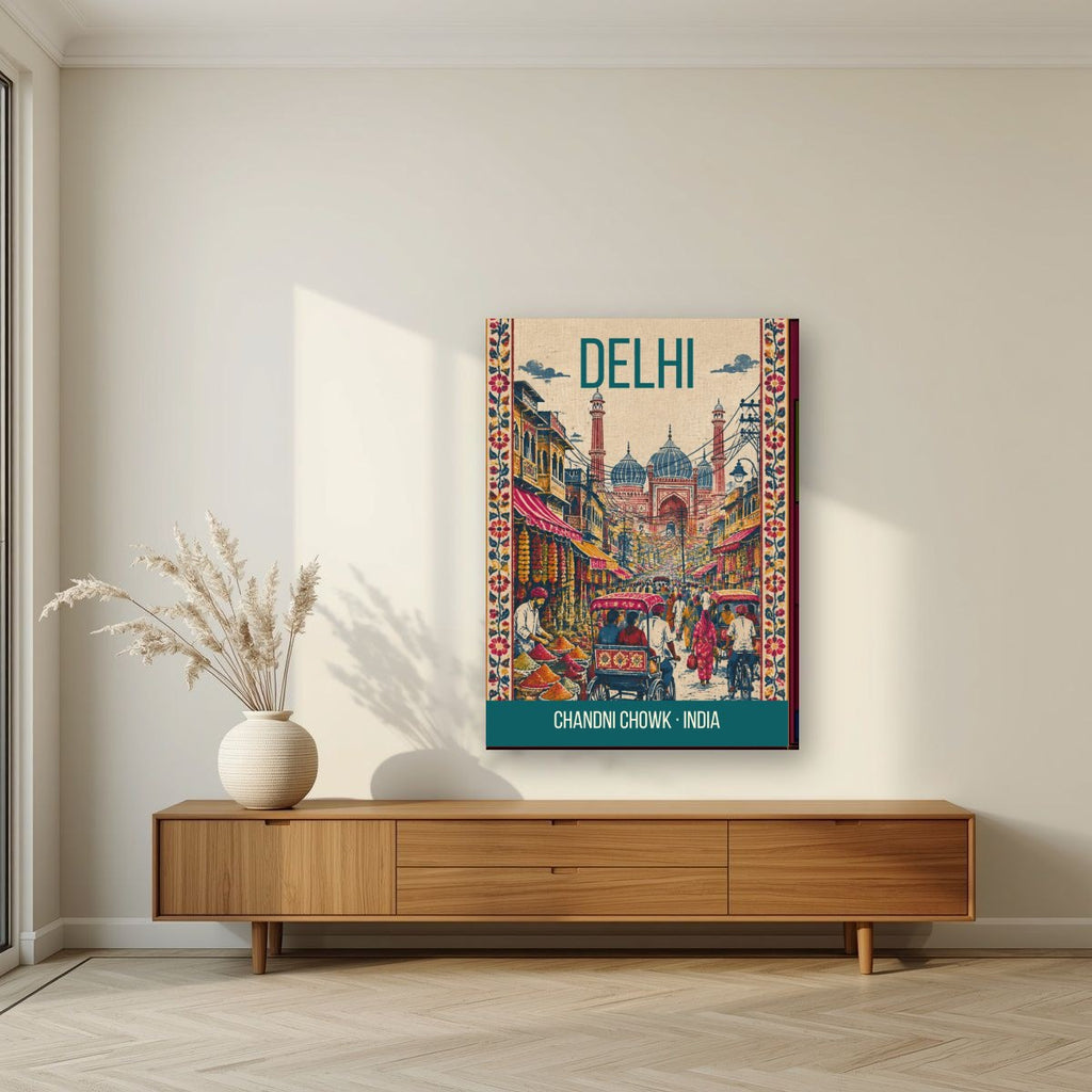 Chandni Chowk Delhi art print on slim canvas in a living room